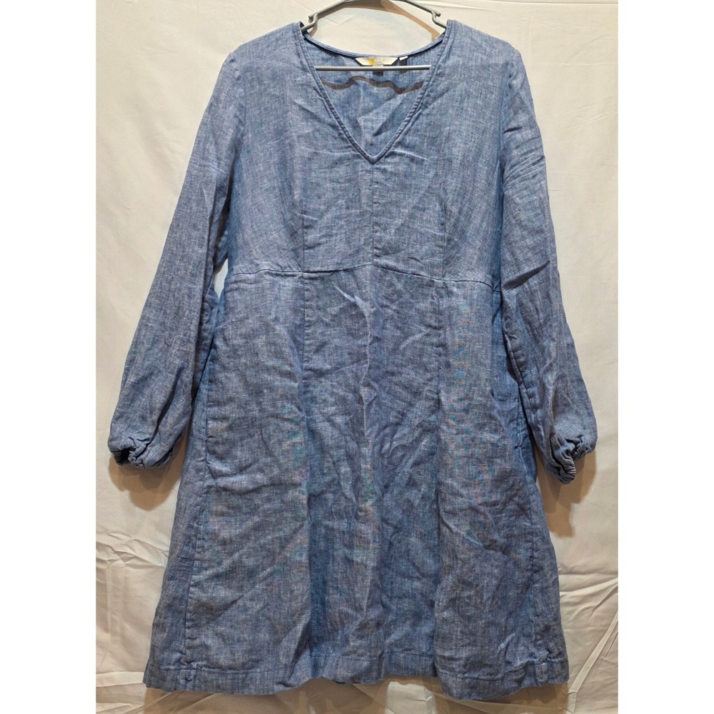 Boden Blue 100% Linen V-Neck Long Sleeve Empire Waist Dress Pockets US 12R D0096